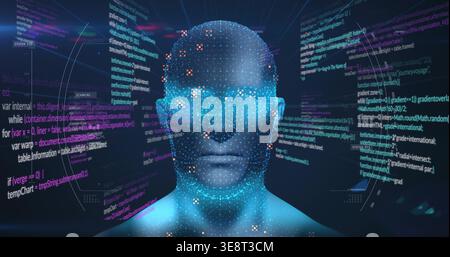 Digital humanoid bust projecting code panels during boot in AR, mapping pixel data across mesh Stock Photo