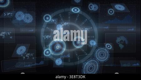Showing central circular HUD rotating on virtual grid, with concentric rings, nodes and data panels Stock Photo