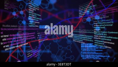 Rotating neon double helix pulsing across navy midground, with floating code panels and hex lattice Stock Photo