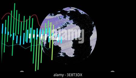 Displaying pixelated Earth globe glowing on right in data display, with neon bars and waveforms Stock Photo