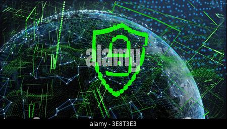 Floating neon-green shield showing numeral 9 in orbit above globe with glowing network data streams Stock Photo