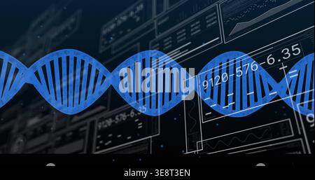 Receiving data stream, large blue DNA helix pulsing across dashboard, showing numeric readouts Stock Photo