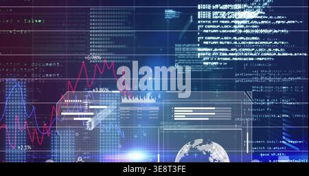 Displaying data dashboard on dark screen, showing red-blue charts, percent labels, code columns Stock Photo