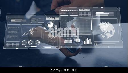 Holding colleagues' hands displaying AR data over smartphone at office, with white cuff Stock Photo