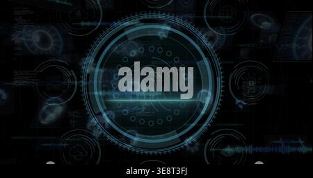 Displaying central HUD pulsing on dark grid UI, showing rings, fingerprint and horizontal flare Stock Photo