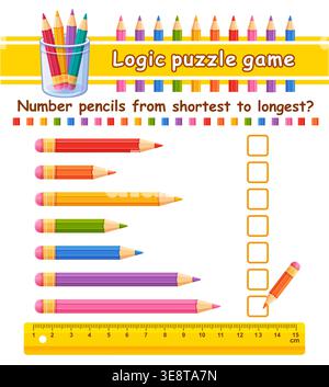 Measuring color pencil length, compare short long size. Children education puzzle game. Number coloring pen shortest longest. Kid learning worksheet Stock Vector
