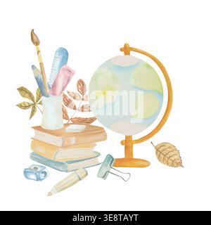 Watercolor illustration of a school set with a globe on a white background. Suitable for cards, labels, advertising, decor, and stationery Stock Photo