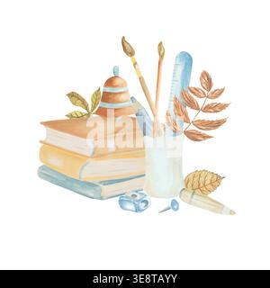 Watercolor illustration of a schoolchild's kit on a white background. Suitable for cards, labels, advertising, decor, and stationery Stock Photo
