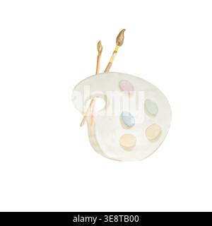 An illustration of a watercolor paint palette and brushes on a white background. Suitable for cards, labels, advertising, decor, and stationery Stock Photo