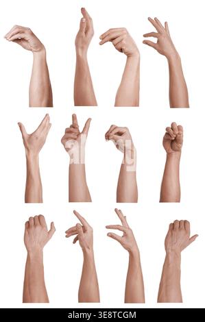 Male hands holding something. Collection of gestures on white background Stock Photo