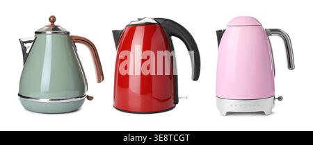 Different electric kettles isolated on white, set Stock Photo