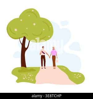 Walk along forest path. Couple in love, man and woman walk among trees, holding hands. Flat illustration. Romance nature walk Stock Vector