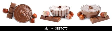 Chocolate paste in bowl isolated on white, set Stock Photo