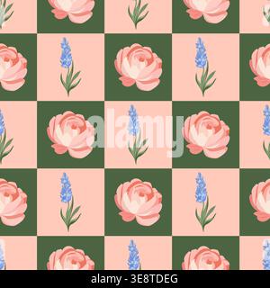 A seamless vector checkered pattern with peonies and lavender in peach and green squares. A spring floral pattern for textiles, wallpaper, and prints. Stock Vector