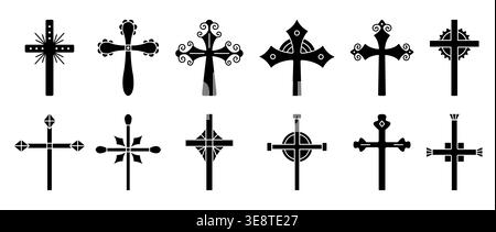 Christian cross black icon set. Monochrome solid decorative sign collection, isolated religious symbols, elegant various cliparts Stock Vector