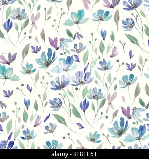 Seamless watercolor floral pattern with delicate blue and purple wild flowers on white background. Vector EPS. Stock Vector
