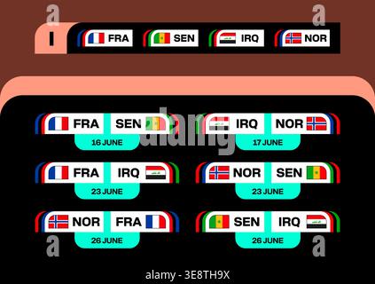 Football 2026 Tournament Match Fixtures Displaying Qualification Group Stage Team Flags with Modern Stylized Layout. Stock Vector