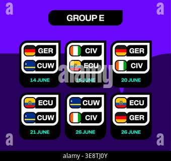 2026 Football Tournament Group E Match Schedule Displaying Teams Germany, Curacao, Cote d'Ivoire, Ecuador, Dynamic Vector Presentation.. Stock Vector