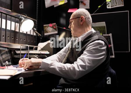 Older male detective speaking on a landline phone for secret mission, cross checking case files and analyzing fingerprints on a mystery board. Authenticity of evidence for law enforcement. Stock Photo