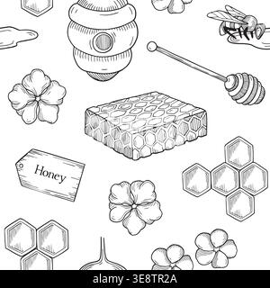 Hand-drawn honey seamless pattern made of honey dipper, honeycombs, bee, field flowers, beehive for packaging or product design Stock Vector