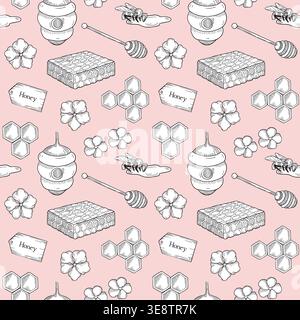 Hand-drawn graphic seamless pattern made of honey dipper, honeycombs, bee, field flowers, beehive for packaging or product design Stock Vector