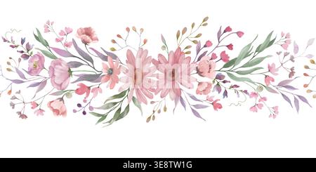 Watercolor wildflower seamless border, hand drawn botanical horizontal frame with pink daisies, herbs. Vector repeat illustration isolated on white. Stock Vector