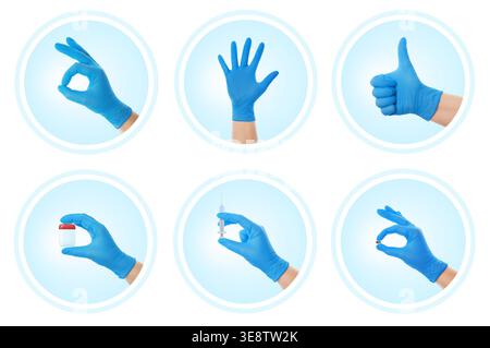 Set of medical icons showing a hand in a blue glove making approval gestures and holding a syringe, pill, and test container. Ideal for healthcare and Stock Photo