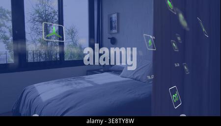 Casting sunlight spilling across low bed with duvet and pillows in bedroom, with holographic icons Stock Photo