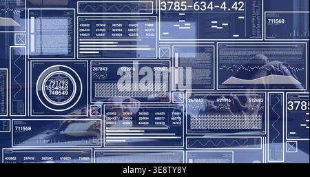 Typing female hands with dark sleeves interacting on laptop keyboard at desk, with HUD panels Stock Photo
