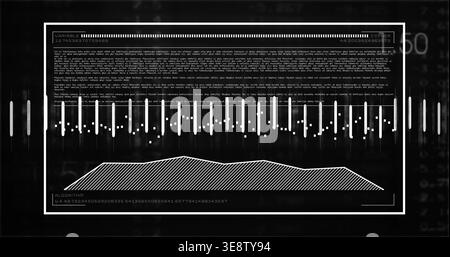 Displaying large white framed data display on dark backdrop, showing equalizer bars and ALGORITHM Stock Photo