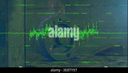 Lying scuffed metal cylinder occupying center on stained concrete floor, cutting neon-green HUD Stock Photo