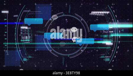 Displaying concentric HUD reticle rotating in dark digital space, with chat bubbles and data panels Stock Photo