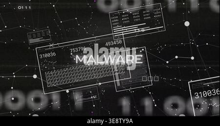 Displaying schematic keyboard overlay pulsing on cyber dashboard, with MALWARE label Stock Photo