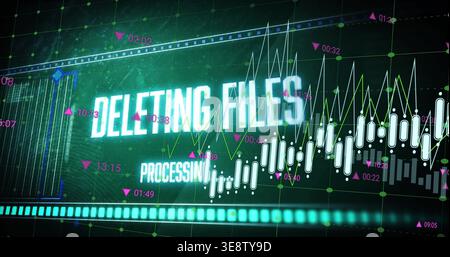 Showing glowing DELETING FILES PROCESSING on UI console, displaying candles, nodes, progress bar Stock Photo