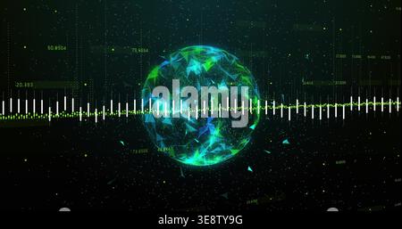 Pulsing polygonal globe rotating in virtual data field, with waveform, numeric labels, particles Stock Photo