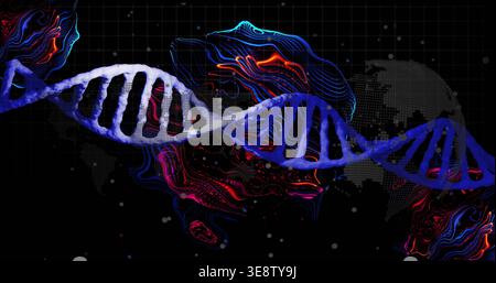 Showing blue-purple DNA helix stretching across digital render with neon lines, map, grid, dots Stock Photo