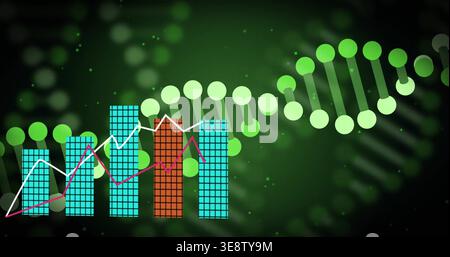 Displaying data viz subject occupying center of background, showing DNA helix, bar and line graphs Stock Photo