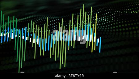Displaying central vertical bars forming waveform on dark digital canvas, with glowing dotted grids Stock Photo