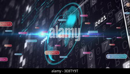 Displaying holographic globe rotating in virtual dashboard, showing dotted cyan ring and bell icons Stock Photo