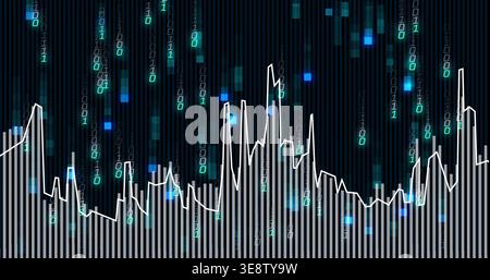 Displaying digital dashboard showing white jagged line plot over gray bars, cascading binary digits Stock Photo