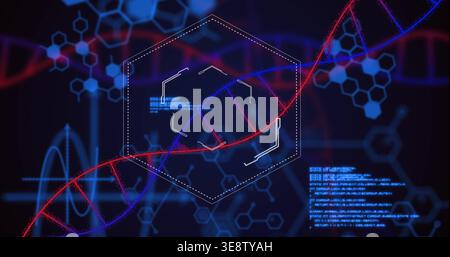 Animating DNA double helix traversing lab hex HUD on system boot, displaying cyan data blocks Stock Photo