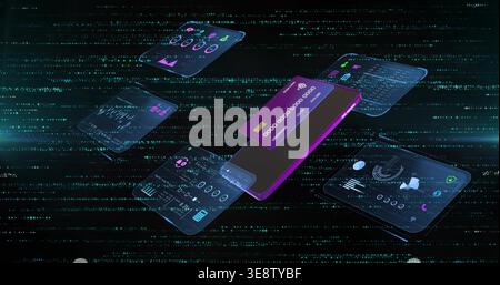 Receiving payment signal angled smartphone showing purple virtual card over UI panels in cyberspace Stock Photo