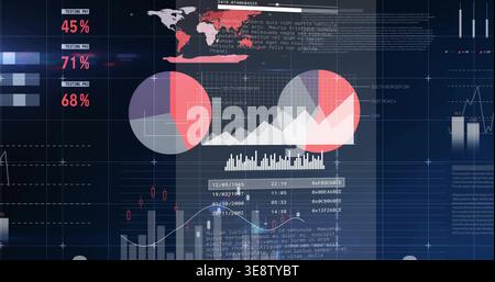Showing data dashboard on center screen with overlapping donut charts, percent panels, histogram Stock Photo