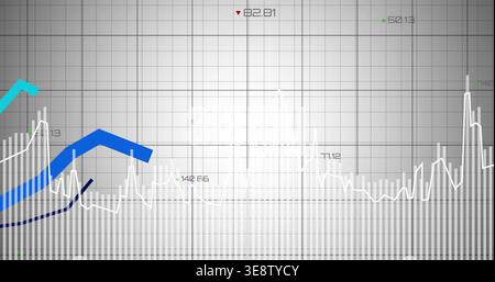 Displaying financial chart centering on gray grid, with histogram, white jagged line, cyan trends Stock Photo