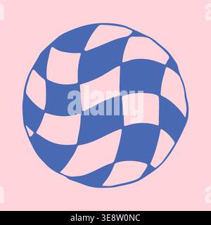 Hand drawn vector illustration of a round plate decorated with a blue and pink checkered pattern. Trendy doodle graphic of a modern ceramic dish for Stock Vector
