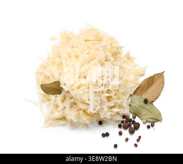 Delicious sauerkraut with bay leaves and peppercorns isolated on white background Stock Photo