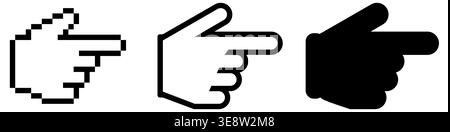 Three pointing hand cursor icons in pixelated outline and solid styles. Clean vector design for retro computing modern UI or navigation graphics. Stock Vector