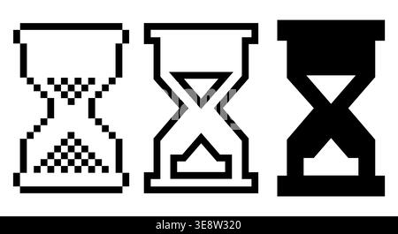 Three hourglass icons in pixelated outline and solid styles. Clean vector design for retro computing modern UI or loading graphics. Stock Vector