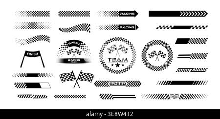 Collection of racing stripes and checkered flag graphics for racing speed and competition symbol vector. finish line, motocross labels, speed motion Stock Vector