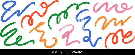 Hand drawn organic line collection. Brush stroke squiggle shape set. Vector charcoal chalk serpentine stripes. Color crayon curly wave element bundle. Wiggly scribble pack for party decor, poster Stock Vector